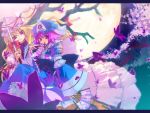  2girls blonde_hair butterfly dual_wielding fan female full_moon gap hair_ribbon hat hug kurudaz letterboxed long_hair looking_at_viewer moon multiple_girls parasol pink_hair ribbon saigyouji_yuyuko short_hair sleeves_past_wrists touhou tree triangular_headpiece umbrella wallpaper wide_sleeves yakumo_yukari 