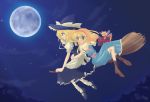  2girls :o alice_margatroid apron black_dress blonde_hair blue_dress blush boots bow broom broom_riding capelet cross-laced_footwear dress dutch_angle fairy_wings female flying frilled_dress frills full_moon green_eyes hair_bow hat hat_bow kirisame_marisa loose_socks mary_janes moon multiple_girls night nose_blush outdoors puffy_sleeves red_dress ringo_appuru sash shanghai_doll shirt shoes sidesaddle sky smile socks star_(sky) touhou tree white_legwear wings witch_hat 