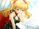  00s 1girl baka_ouji_persia bare_shoulders blonde_hair bow breasts chin_rest cleavage daikuuji_ayu dress elbow_rest hair_bow halterneck kimi_ga_nozomu_eien large_breasts sad solo tears twintails window 