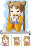  00s 1girl biscuit brown_hair closed_eyes double_bun food happy katase_shima long_hair looping object_on_head orange_shirt shirt simple_background solo syrup twintails uchuu_no_stellvia white_background 
