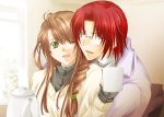  1boy 1girl braid brown_hair couple dessert_love glasses green_eyes hetero hug hug_from_behind kirino_muyako ogata_yoshihiko one_eye_closed photoshop redhead seguchi_haruka side_braid smile sweater tea teapot wink 