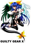  1girl arc_system_works asymmetrical_wings bare_shoulders blue_hair choker dizzy guilty_gear guilty_gear_x kneeling red_eyes ribbon solo tail tail_ribbon thigh-highs wings 