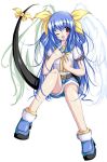 1girl arc_system_works blue_hair dizzy guilty_gear long_hair one_eye_closed red_eyes simple_background solo tail tail_ribbon