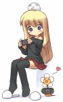  1girl blonde_hair flower handheld_game_console nakopapa original playstation_portable single_shoe slippers solo thigh-highs 