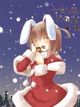  1girl animal_ears christmas food jirou_(chekoro) original rabbit_ears santa_costume snow snowing solo takoyaki 