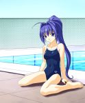  00s 1girl arm_support barefoot blue_eyes blue_hair chain-link_fence competition_school_swimsuit feet fence hair_intakes hayase_mitsuki high_ponytail kimi_ga_nozomu_eien long_hair looking_at_viewer norizou_type-r one-piece_swimsuit pool poolside school_swimsuit sitting solo swimsuit wariza 
