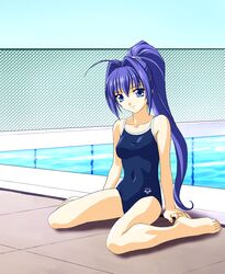  00s 1girl arm_support barefoot blue_eyes blue_hair chain-link_fence competition_school_swimsuit feet fence hair_intakes hayase_mitsuki high_ponytail kimi_ga_nozomu_eien long_hair looking_at_viewer norizou_type-r one-piece_swimsuit pool poolside school_swimsuit sitting solo swimsuit wariza 