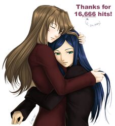  00s 2girls blonde_hair blue_hair closed_eyes fujino_shizuru green_eyes hair_tousle hand_on_another&#039;s_head hand_on_head height_difference hits hug jango-joe kuga_natsuki lips long_hair looking_at_viewer multiple_girls my-hime simple_background smile turtleneck very_long_hair 