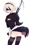  1girl black_boots black_dress black_gloves black_hairband black_legwear blonde_hair boots breasts cleavage cleavage_cutout closed_mouth covered_eyes drag-on_dragoon dress gloves hair_over_eyes hairband highres katana lips mole mole_under_mouth nier_(series) nier_automata short_dress short_hair solo sword weapon weapon_on_back white_hair yorha_no._2_type_b 