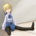  ahoge artoria_pendragon_(all) blonde_hair blouse closed_eyes fate/stay_night fate_(series) lowres pantyhose ribbon saber sleeping 
