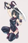  1girl black black_hair braid china_dress chinese_clothes dragon dress single_braid solo sword thigh-highs weapon xration 