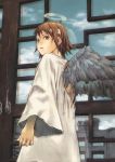  00s abe_yoshitoshi angel_wings brown_eyes brown_hair haibane_renmei halo highres looking_back messy_hair official_art rakka wings 