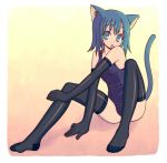  1girl animal_ears black_gloves black_legwear cat_ears cat_tail elbow_gloves gloves kimarin licking one-piece_swimsuit school_swimsuit solo swimsuit tail thigh-highs tongue 