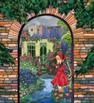  00s 1girl arch blonde_hair bonnet brick_wall closed_eyes colorful dress drill_hair faux_traditional_media flower full_body garden grass house long_hair nature outdoors overgrown red_dress river rose rozen_maiden shinku smelling solo standing very_long_hair 