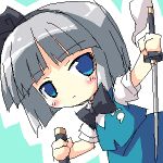  1girl bangs blue_eyes blunt_bangs blush bob_cut bow bowtie chibi dutch_angle female hair_bow hairband hitodama katana konpaku_youmu konpaku_youmu_(ghost) lowres oekaki outline petenshi_(dr._vermilion) sheath shirt short_hair skirt skirt_set solo sword touhou vest weapon 