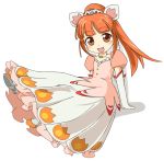  1girl arm_support blush brown_hair dress elbow_gloves fang flat_chest fushigiboshi_no_futago_hime gloves ixy jewelry leonne long_hair looking_at_viewer necklace orange_hair ponytail puffy_sleeves short_sleeves simple_background sitting smile solo tiara 