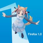  1girl animal_ears blue_eyes firefox fox_ears fox_tail from_above full_body hair_ribbon lolifox long_hair long_sleeves looking_at_viewer orange_hair os-tan outstretched_arms personification ribbon shoes skirt smile solo spread_arms standing tail twintails 