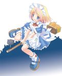  1girl apron blonde_hair blue_dress blue_eyes blue_shoes blush broom broom_riding cat dress full_body hairband maid maid_apron maid_headdress mary_janes open_mouth original pop red_ribbon ribbon shoes short_hair solo wavy_mouth 