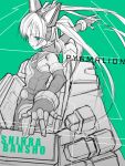  1girl bodysuit character_name copyright_name expressionless green_background green_eyes hairband headgear in_container long_hair lowres monochrome outstretched_arm pygmalion pygmalion_(shinrabanshou) shinrabanshou simple_background solo twintails very_long_hair 