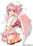  1girl android angel angel_wings ass brown_eyes detached_sleeves doll_joints feathers flat_ass flat_chest from_behind hair_ornament hakua_ugetsu halo hands_clasped leotard looking_back lowres nail_polish pink_hair pink_nails psikyo short_hair short_twintails simple_background smile solo tattoo turtleneck twintails wings wrist_cuffs 