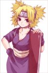  1girl bar blonde_hair blush breasts brown_eyes cleavage collarbone fan female fingerless_gloves gloves hand_on_hip headband hips japanese_clothes kimono kubyou_azami looking_at_viewer medium_breasts naruto naruto_shippuuden quad_tails sash short_hair simple_background smile solo spiky_hair standing temari traditional_clothes weapon white_background 