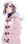  1girl blue_eyes brown_hair coat fujishima fur_trim hand_in_pocket hat original solo winter_clothes winter_coat 