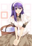  1girl :d apron black_ribbon blue_hair brown_dress buttons collar dress fate/hollow_ataraxia fate/stay_night fate_(series) hair_between_eyes hairband hands_clasped laundry_basket long_hair maid maid_apron maid_headdress matou_sakura mizuki_makoto open_mouth purple_hair ribbon short_sleeves simple_background sitting smile solo stone v_arms violet_eyes 