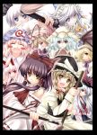  6+girls alice_margatroid animal_ears blonde_hair blush_stickers braid broom brown_hair detached_sleeves everyone female gohei hair_tubes hakurei_reimu hat izayoi_sakuya kamishirasawa_keine kirisame_marisa knife konpaku_youmu maid multiple_girls pink_hair rabbit_ears remilia_scarlet ribbon saigyouji_yuyuko silver_hair smile sword tateha_(artist) tateha_(marvelous_grace) touhou twin_braids weapon wings witch witch_hat yakumo_yukari 