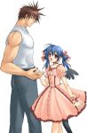  1boy 1girl arc_system_works belt blue_hair brown_hair choker dizzy dress father_and_daughter guilty_gear hair_ribbon hand_holding height_difference muscle red_eyes ribbon shirt sleeveless sleeveless_shirt sol_badguy tail wings wrist_ribbon 