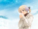  1girl aran_sweater blonde_hair breath brown_eyes earmuffs gainax game game_cg patricia_(princess_maker_4) princess princess_maker_(series) princess_maker_4 screencap short_hair short_twintails snow snowing solo sweater tenhiro_naoto toggle turtleneck twintails 