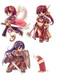  1boy 3girls acolyte armor blush chibi crusader grin long_hair mage_(ragnarok_online) midriff multiple_girls navel pelvic_curtain purple_hair ragnarok_online seiranken_shion_(shinrabanshou) shield shinrabanshou shion_(shinrabanshou) short_hair simple_background smile sword weapon worms xration 