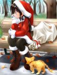  1girl bench black_hair black_legwear boots brown_boots cat chin_rest christmas cross-laced_footwear gloves hat lace-up_boots leaf long_hair looking_away original pantyhose santa_costume santa_hat sitting white_gloves zan 