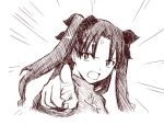  1girl anger_vein bringiton fate/stay_night fate_(series) jas monochrome pointing sketch solo tohsaka_rin two_side_up 