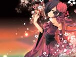  1girl animal_ears back bare_shoulders black_eyes black_hair card cherry_blossoms detached_sleeves dress exif_thumbnail_surprise eyepatch female flower hanafuda hinayuki_usa holding holding_card japanese_clothes original petals ribbon rose short_hair solo wallpaper wide_sleeves 