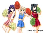  3girls black_hair blonde_hair cheerleader clothes_writing fate/stay_night fate_(series) green_eyes long_hair matou_sakura multiple_girls pom_poms purple_hair saber tohsaka_rin tosibow violet_eyes 