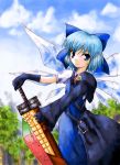  1girl advent_cirno belt blue_hair bow cirno fairy female final_fantasy final_fantasy_vii final_fantasy_vii_advent_children food fruit gloves keroro keroro_gunsou parody solo sword touhou tree watermelon weapon wings 