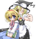  2girls alice_margatroid blonde_hair blue_eyes book brown_eyes female grin hat kirisame_marisa multiple_girls one_eye_closed simple_background smile teeth thumbs_up touhou transparent_background wink witch_hat yellow_eyes 