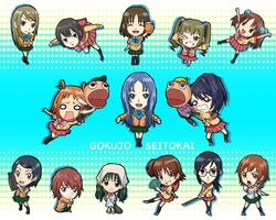  6+girls 7-tan :d :o ;d apron asymmetrical_hair badge black_legwear blazer blonde_hair blue_bow blue_eyes blue_hair bow broom brown_eyes brown_hair card chibi clenched_teeth copyright_name cyndi_manabe drink empty_eyes everyone full_body ginga_kuon glass gokujou_seitokai green_hair green_skirt grin hair_cubes hair_ornament hairclip head_scarf hida_sayuri hisakawa_maachi holding holding_card ichikawa_mayura izumi_kaori jinguuji_kanade katsura_minamo katsura_seina kinjo_nanaho kinjou_nanaho kneehighs kutsugi_kotoha long_hair long_sleeves looking_at_viewer multiple_girls number o_o one_eye_closed open_mouth orange_hair oume_ayumu outstretched_arms pleated_skirt ponytail pucchan puppet randou_rino red_skirt redhead sailor_collar school_uniform shirt side_ponytail skirt smile standing teeth tsunomoto_rein v_over_eye very_long_hair wavy_mouth white_shirt 