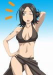  1girl arm_behind_head arm_up armpits arms_up bikini black_hair breasts eureka_seven eureka_seven_(series) hand_on_hip isse looking_away lowres one_eye_closed open_mouth sarong short_hair solo swimsuit talho_yuuki 