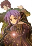  1boy 1girl asaga_aoi back-to-back brown_hair cape caster earrings fate/stay_night fate_(series) hood jewelry kuzuki_souichirou lavender_hair light_smile long_hair looking_at_viewer magic pointy_ears ring short_hair simple_background very_long_hair 