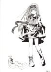  1girl azuma_mayumi boots dress dress_lift elemental_gelade highres long_hair monochrome reverie_metherlence solo 