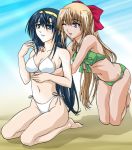  00s 2girls ;d arm artist_request bare_arms bare_legs bare_shoulders barefoot bikini blue_eyes blue_hair breasts cleavage collarbone female green_bikini green_swimsuit hair_between_eyes hair_ribbon hairband half_updo highres himemiya_chikane hug hug_from_behind kannazuki_no_miko kneeling kurusugawa_himeko leaning leaning_forward legs light_brown_hair looking_at_another looking_at_viewer midriff multiple_girls navel neck one_eye_closed open_mouth parted_lips ribbon shadow shiny shiny_hair side-tie_bikini sitting smile swimsuit violet_eyes white_bikini white_swimsuit wink yuri 