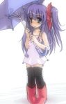  1girl ankle_boots bare_shoulders black_legwear blue_eyes blush boots collarbone crusoe dress long_hair lowres nose_blush original purple_dress purple_hair red_boots red_ribbon ribbon side_ponytail simple_background solo spaghetti_strap standing thigh-highs umbrella very_long_hair wavy_mouth white_background zettai_ryouiki 