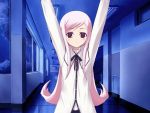  1girl \o/ arms_up indoors lucy_maria_misora outstretched_arms pink_hair solo to_heart_2 violet_eyes 