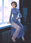  1girl black_hair blood+ dress itosugi_masahiro otonashi_saya red_eyes short_hair solo vietnamese_dress 