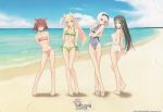  4girls albino animal_ears arms_behind_back ass back bandeau bangs barefoot beach bikini black_eyes black_hair blanc_neige blonde_hair blue_eyes blue_swimsuit bob_cut breast_hold breasts casual_one-piece_swimsuit cat_ears choker clouds contrapposto copyright_name covered_navel crossed_arms dated elf elwing fake_wings feathers feet from_behind front-tie_bikini front-tie_top green_bikini grey_eyes grin hair_between_eyes hair_ribbon hairband halterneck hand_on_own_chest hands_clasped head_tilt head_wings highres hug jewelry kneepits leaf_bikini leaning legs legs_crossed lineup long_hair long_legs long_pointy_ears looking_at_viewer mao_(shining_tears) multiple_girls navel necklace ocean official_art one-piece_swimsuit outdoors parted_bangs paw_print pendant pinstripe_pattern pointy_ears red_bikini red_eyes redhead ribbon ryuna ryuuna_(shining_tears) sandals scan scan_artifacts sega self_hug shadow shining_(series) shining_tears short_hair side-tie_bikini sidelocks sitting sky slender_waist small_breasts smile soles standing striped striped_swimsuit swimsuit take_your_pick tanaka_takayuki thigh_gap tiptoes tress_ribbon very_long_hair water white_hair white_swimsuit wide_hips wings 