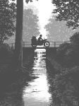  00s 1girl aliasing box bridge canal ground_vehicle hat hermes kino kino_no_tabi monochrome motor_vehicle motorcycle nature outdoors ouya_(maboroshimori) plant river scenery silhouette solo tree vehicle water waterfall 