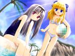  2girls :d ball bandeau bangs beach beachball bikini blonde_hair blue_eyes blue_sky blue_swimsuit blush bow breasts clenched_hand cliff clouds cloudy_sky coconut day dutch_angle feet_in_water flat_chest from_side game_cg hair_bow hairband harley_sarasa_bastille holding leaning_forward light_rays long_hair looking_at_viewer multiple_girls navel o-ring_top one-piece_swimsuit open_mouth outdoors palm_tree parted_bangs peko pink_eyes plaid red_eyes sakura_machizaka_stories school_swimsuit sensei_ga_oshiete_ageru sera_ranesukaya sera_ranevskaya side-tie_bikini silver_hair sitting sky small_breasts smile soaking_feet standing sun sunbeam sunlight swimsuit transparent tree tsuzuki_maki water white_bikini white_swimsuit 