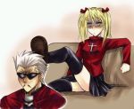  1boy 1girl archer archer_(cosplay) blonde_hair cosplay dark_skin dark_skinned_male fate/stay_night fate_(series) harima_kenji lowres parody sawachika_eri school_rumble thigh-highs tohsaka_rin tohsaka_rin_(cosplay) turtleneck 