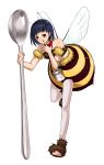  1girl antennae bee_girl blue_hair boots hanamo holding holding_spoon insect_girl minigirl monster_girl original pantyhose running short_hair simple_background solo spoon striped wings 